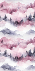 Seamless pattern with foggy mountains and pine trees in pastel red and black colors. Hand drawn watercolor mountain landscape pattern. For print, graphic design, postcard, wallpaper, wrapping paper