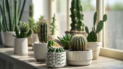 Stylish room interior with beautiful potted cacti. Generative AI
