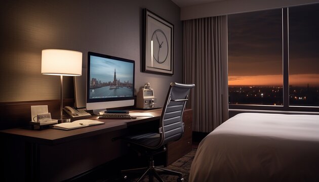 Modern hotel room with a view of the city at night