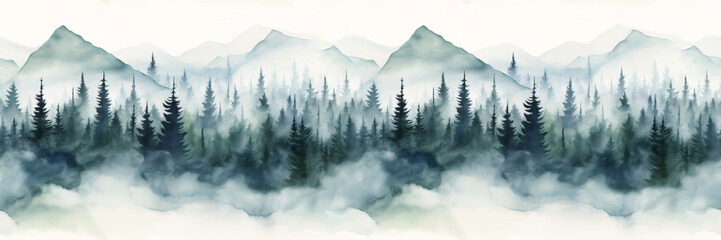 Seamless border with hand painted watercolor mountains and pine trees. Seamless pattern with panoramic landscape in green and white colors. For print, graphic design, wallpaper, paper - obrazy, fototapety, plakaty