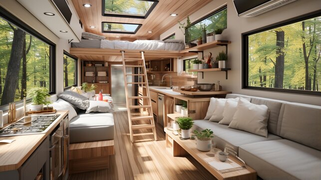 Modern and cozy interior of a tiny house on wheels