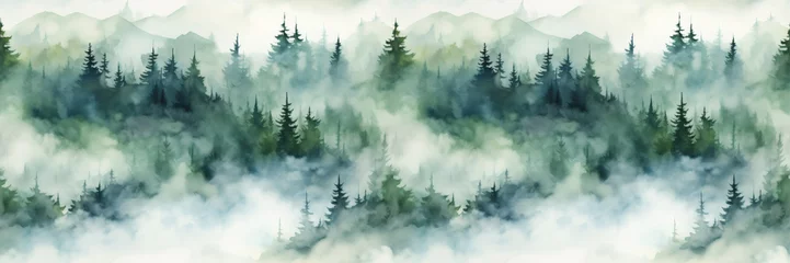 Fototapeten Seamless border with hand painted watercolor mountains and pine trees. Seamless pattern with panoramic landscape in green and white colors. For print, graphic design, wallpaper, paper © Milan