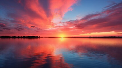 Fototapeta na wymiar A mesmerizing sunset over a tranquil ocean bay with vibrant hues of orange and pink reflecting on the water's surface -Generative Ai