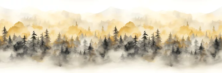 Zelfklevend Fotobehang Seamless border with hand painted watercolor mountains and pine trees. Seamless pattern with panoramic landscape in yellow and black colors. For print, graphic design, wallpaper, paper © Milan