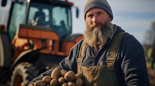 A farmer proudly displays his freshly harvested potatoes.
