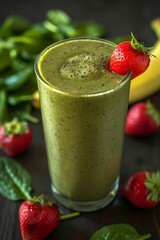 A refreshing spinach, strawberry, and banana smoothie, garnished with a ripe strawberry, perfect for a nutritious and delicious boost