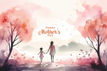 Fotobehang Motiverende quotes Happy mothers day Illustration, mothers love relationships between mother and child with flower in the background