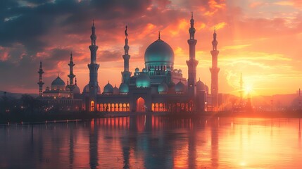 Beautiful sunset over the mosque in Abu Dhabi, United Arab Emirates - obrazy, fototapety, plakaty
