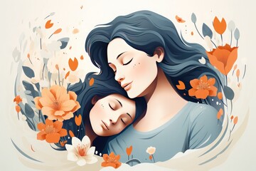 Happy mothers day Illustration, mothers love relationships between mother and child with flower in the background