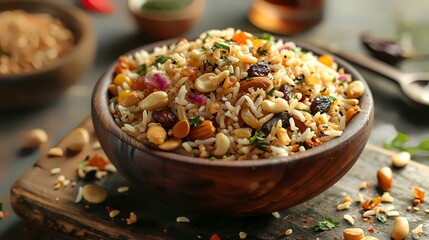 Delicious pilaf with nuts in a bowl on wooden table, closeup