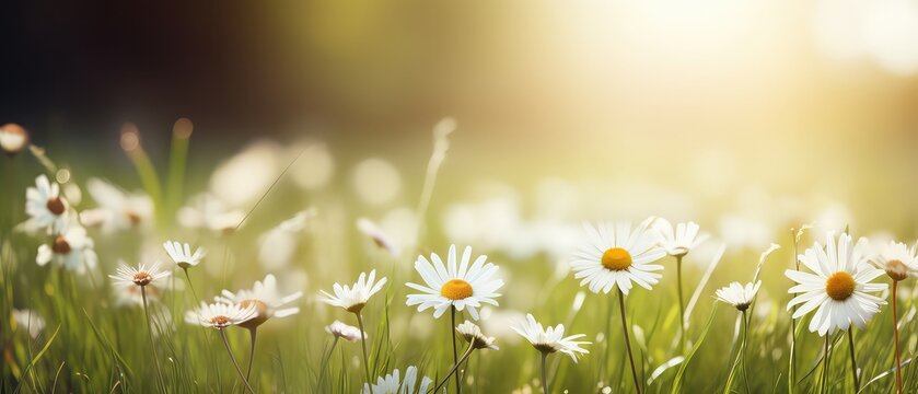 Summer outdoors background glade with daisies and grass in the rays of sunlight. Beautiful colorful artistic image with soft focus at sunset, illustration. Space for text.