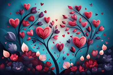 Valentine's day card, love tree with heart leaves flat Illustration background