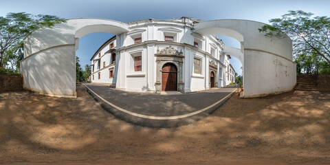full hdri 360 panorama of portugese catholic church with arches in jungle among palm trees in...