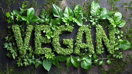 The inscription "VEGAN" made of fresh green leaves on a dark background. Concept: visual content for blogs and stores specializing in organic products
