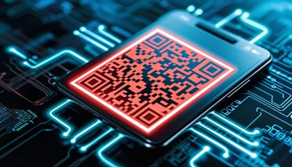 An abstract technology background with QR code.