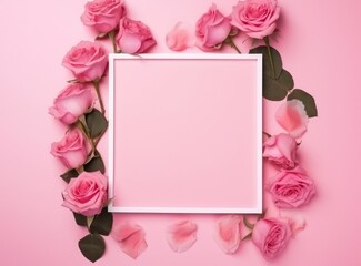 frame with pink flowers and blank sheet on a pink background