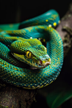 Close-up photo of a green snake in a forest