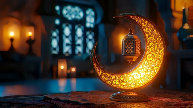 A lantern in the form of a crescent on the background of a mosque