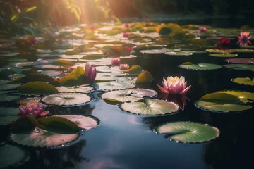 Foto op Canvas Explore serene beauty of a shimmering lake adorned with intricate water lilies and captivating ultra-wide bokeh depth of field. Generative AI © Edward