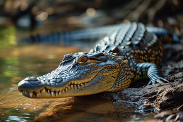 Fototapeta premium Closeup photo of a huge alligator crawling on the ground