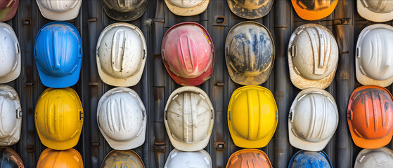 A Multicolored Array of Hard Hats Lined Up Representing Safety and Diversity in the Construction Industry - obrazy, fototapety, plakaty