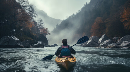 Outdoor Activities.Young Man in Whitewater Kayaking, Down a White Water Rapid River in the Mountains. Adventures. Generative AI.