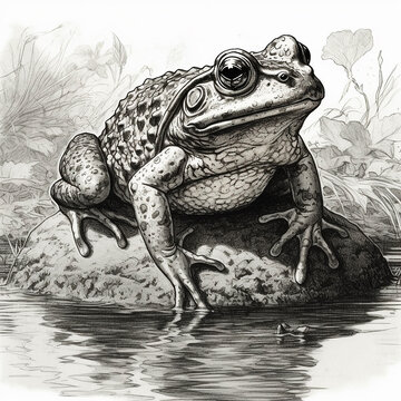 A frog sits on a stone on the river bank, black and white drawing, vintage engraving style 