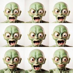 Collage of portraits of an alien, an unusual fantastic mutant creature, different expressions and emotions 