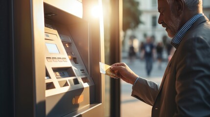 Retiree With Card in Hand to Make a Banking Transaction at an ATM. Older People Adapting to New Technologies. Generative AI.