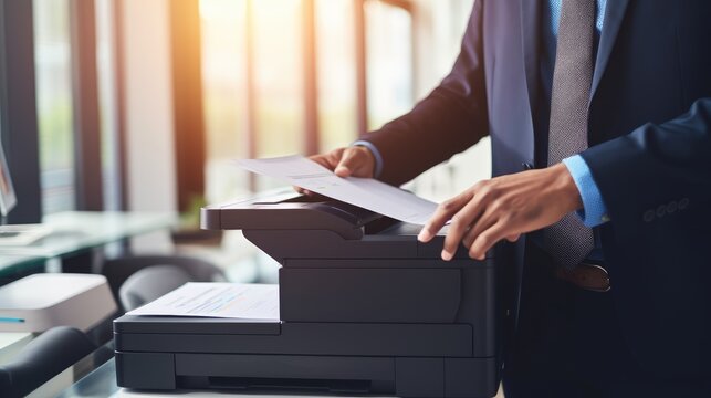 Document and Paperwork Concept. Unrecognizable Businessman Print Paper on a Multifunction Laser Printer in Business Office. Secretary Work Concept. Generative AI - Powered by Adobe
