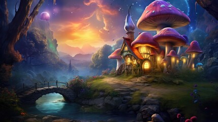 Obraz premium Enchanted fairy tale landscape with magical mushrooms house. Fantasy and imagination.