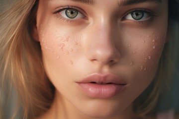 Obraz premium Young model's face in daylight. Natural makeup effect of wet skin.