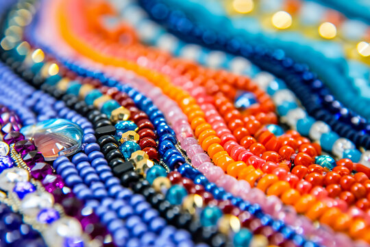 close-up of a beaded earring, with different colored beads arranged in a pattern