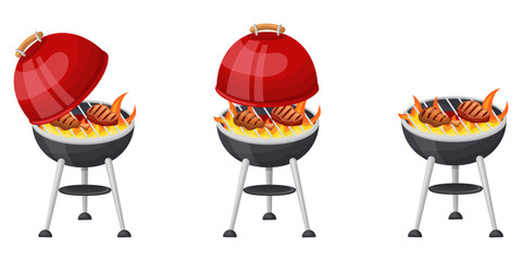 A set of a red-hot barbecue grill, cooking grilled meat with and without a lid. Vector illustration