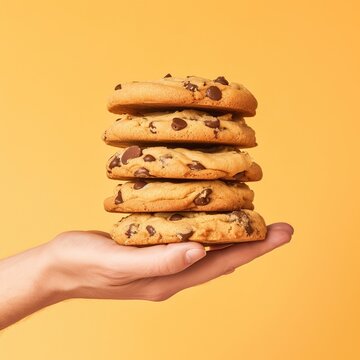 A hand holding a stack of chocolate chip cookies