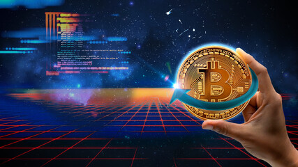 Having do bitcoin, criptomoedas se valorizam no mercado financeiro. Moeda de bitcoin na mão com...