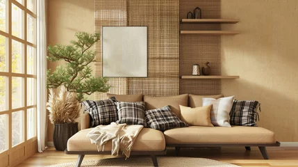 Foto op Plexiglas Boho Elegant and quiet bohemian room with cozy interior, wicker chair, . Generative Ai