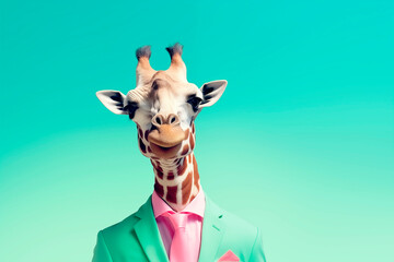 Stylish portrait of  Humor giraffe with glasses and vibrant blue suit on blue sky background. Funny pop art. The concept of a joke of fashion and style. - obrazy, fototapety, plakaty
