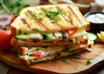 A Delicious toasted nutritious vegetarian sandwich with cucumber, tomato, onions and melted cheese.