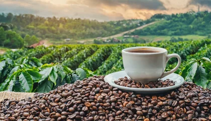  cup of coffee with beans against coffee field with copy space © Алина Караванская