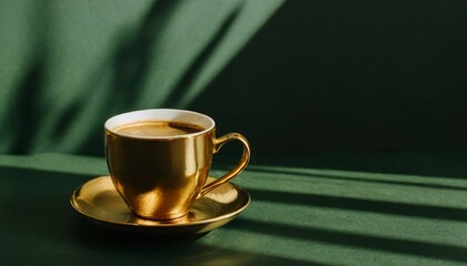 cup of coffee with sun light shadows on green background with copy space 