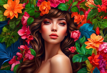 "On a flowery background, a stunning blonde with long, wavy hair, healthy skin, and blue eyes. Ai generated."