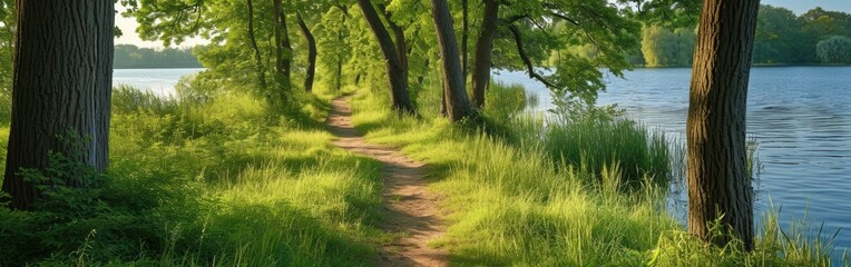 Fototapeta premium Spring grassy path along river