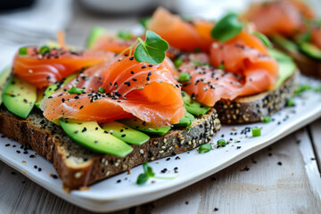 Healthy and gourmet open-faced sandwich with ripe avocado slices and smoked salmon, sprinkled with black sesame seeds and fresh greens - obrazy, fototapety, plakaty