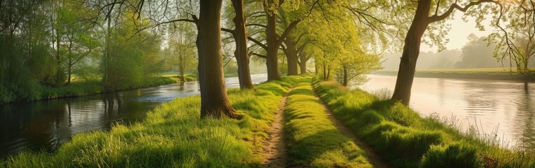 Fototapeta premium Spring grassy path along river