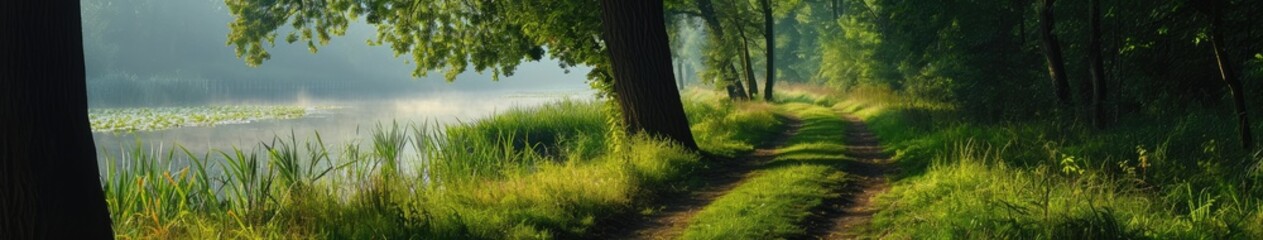 Obraz premium Spring grassy path along river