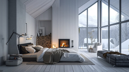 Scandinavian Bedroom In A Luxurious Cottage House. Generative AI - obrazy, fototapety, plakaty