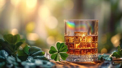 A glass of whiskey or scotch with a shamrock and rainbow. 