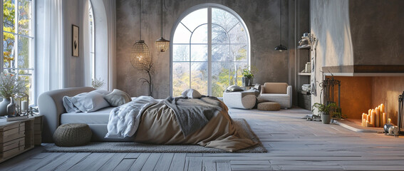 Obraz na płótnie Canvas Scandinavian Bedroom In A Luxurious Cottage House. Generative AI