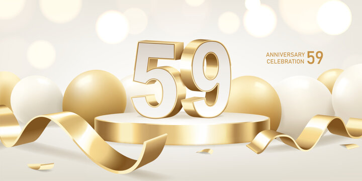 59th Anniversary celebration background. Golden 3D numbers on round podium with golden ribbons and balloons with bokeh lights in background.